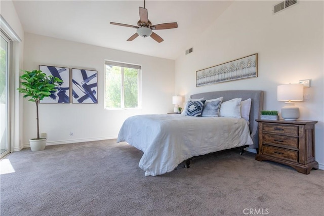 bedroom with ceiling fan, carpet, visible vents, and baseboards