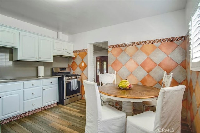 kitchen with stainless steel range with gas cooktop, light wood-type flooring, under cabinet range hood, and plenty of natural light