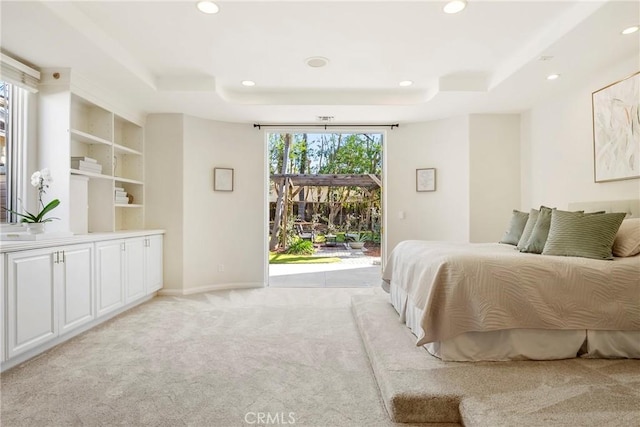 17846 Palora St, Encino, CA 91316 - bedroom featuring access to exterior, recessed lighting, light colored carpet, and a tray ceiling