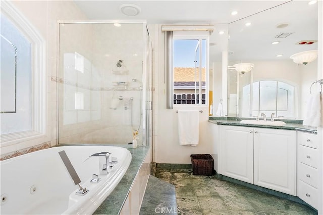17846 Palora St, Encino, CA 91316 - full bathroom with vanity, visible vents, a tub with jets, and a stall shower