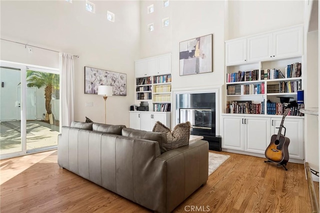 17846 Palora St, Encino, CA 91316 - living room with a glass covered fireplace, light wood-type flooring, and a towering ceiling