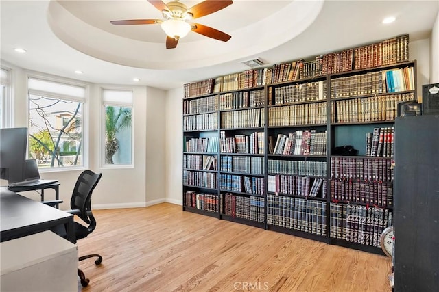 17846 Palora St, Encino, CA 91316 - office area with ceiling fan, baseboards, recessed lighting, wood finished floors, and a raised ceiling