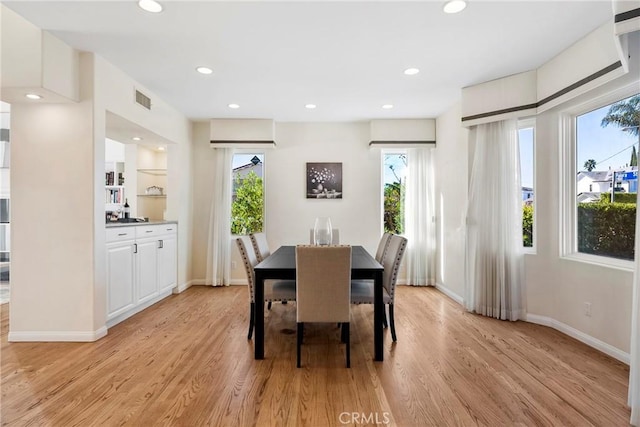 17846 Palora St, Encino, CA 91316 - dining space with baseboards, recessed lighting, visible vents, and light wood-type flooring