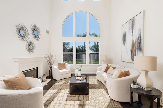 living room with wood finished floors and a glass covered fireplace