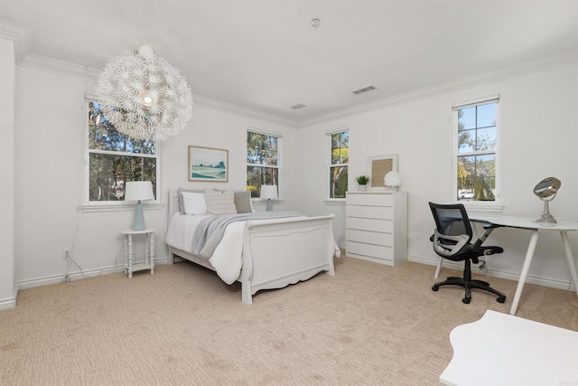 carpeted bedroom featuring multiple windows, visible vents, a chandelier, and crown molding