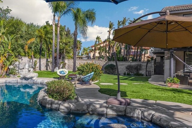 view of property's community featuring a fenced backyard, a patio area, a yard, and a pool