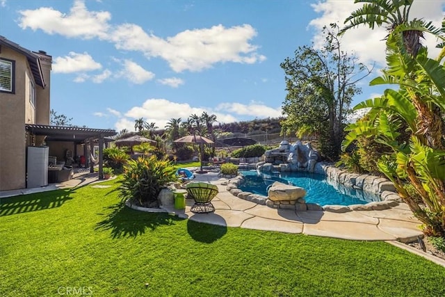 outdoor pool with a lawn, a patio, and a pergola