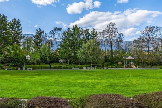 view of community with a yard, a mountain view, and playground community
