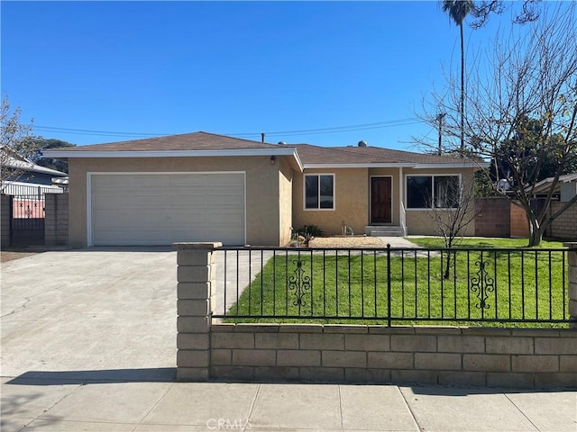 ranch-style house featuring a fenced front yard, stucco siding, an attached garage, a front yard, and driveway