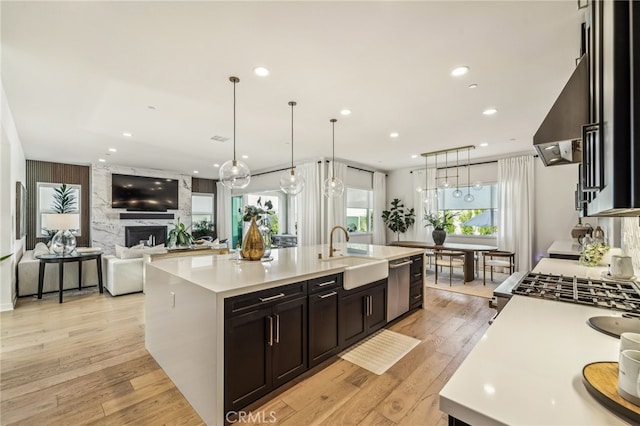 kitchen with light wood finished floors, a sink, light countertops, a large island with sink, and stainless steel dishwasher