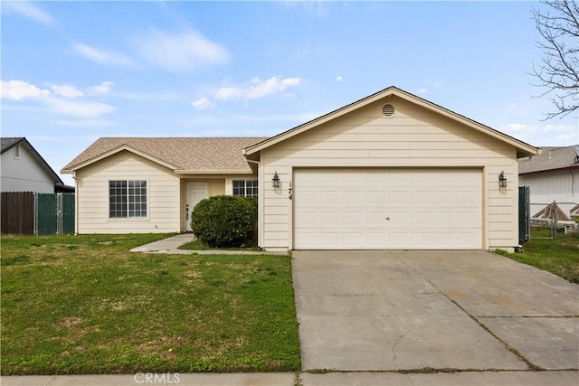 ranch-style house featuring a garage, a shingled roof, fence, driveway, and a front yard