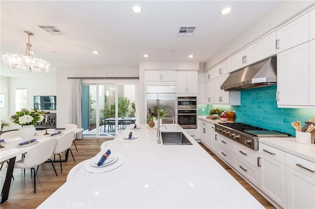 kitchen with stainless steel appliances, tasteful backsplash, visible vents, and under cabinet range hood