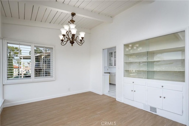 unfurnished dining area featuring a chandelier, wood ceiling, baseboards, light wood finished floors, and beamed ceiling