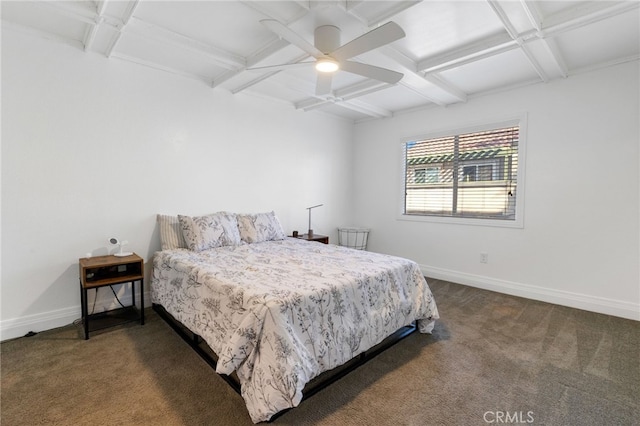 bedroom with dark carpet, coffered ceiling, and baseboards