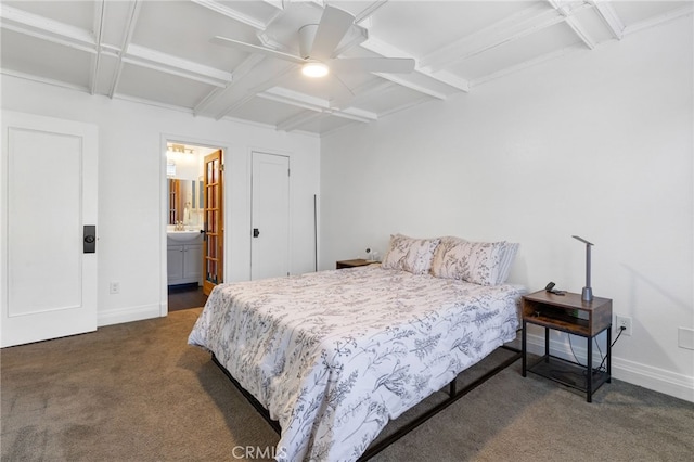 bedroom featuring carpet floors, coffered ceiling, a ceiling fan, baseboards, and beam ceiling