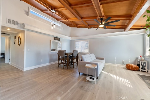 living area with light wood finished floors, visible vents, wood ceiling, beamed ceiling, and baseboards