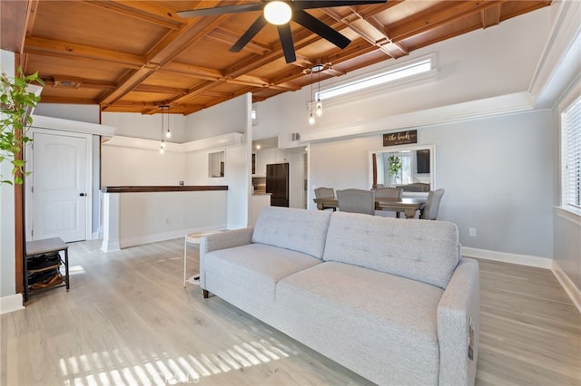 living area featuring wooden ceiling, coffered ceiling, wood finished floors, baseboards, and beamed ceiling