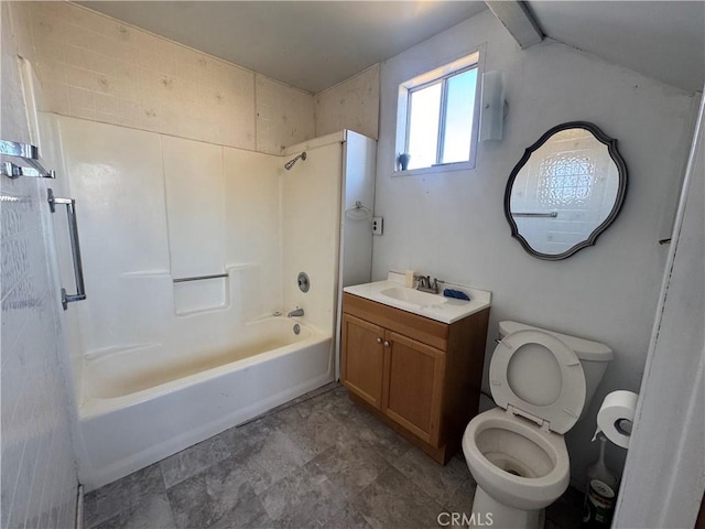 bathroom featuring toilet, shower / tub combination, and vanity