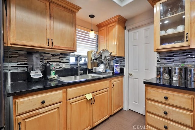 kitchen with decorative light fixtures, wood finished floors, a sink, tasteful backsplash, and glass insert cabinets