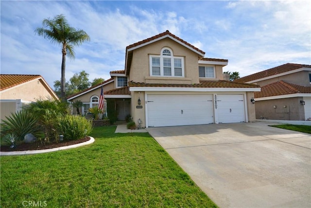 view of front of house featuring a garage, concrete driveway, a front lawn, and stucco siding