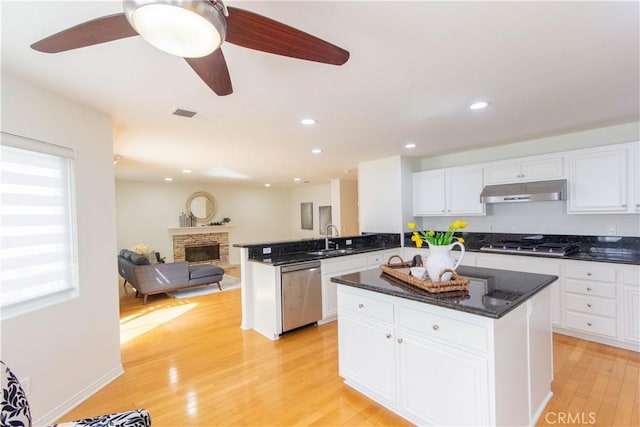 kitchen with stainless steel appliances, open floor plan, white cabinetry, a sink, and under cabinet range hood