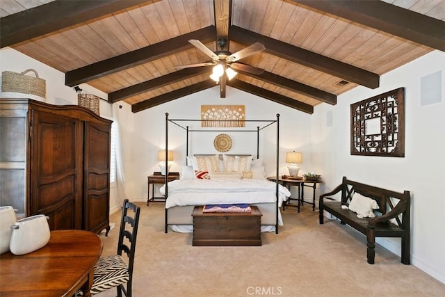 bedroom with vaulted ceiling with beams, wooden ceiling, baseboards, and light colored carpet