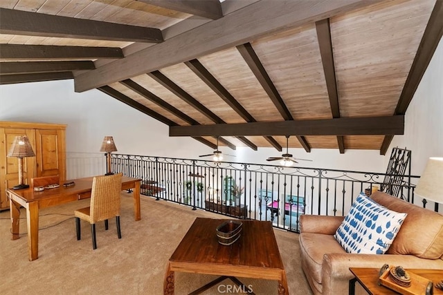 living room featuring lofted ceiling with beams, wooden ceiling, and light colored carpet