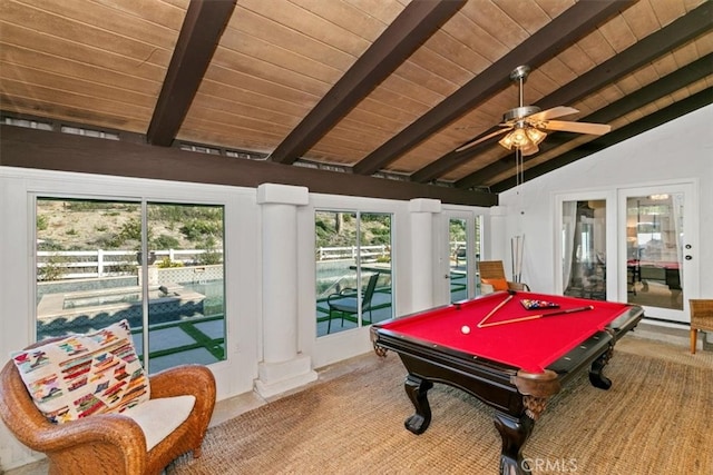 rec room featuring lofted ceiling with beams, wooden ceiling, billiards, and a ceiling fan