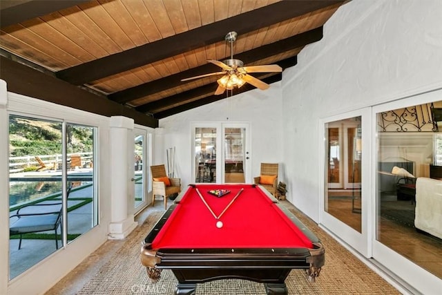 rec room featuring vaulted ceiling with beams, ceiling fan, billiards, wood ceiling, and french doors