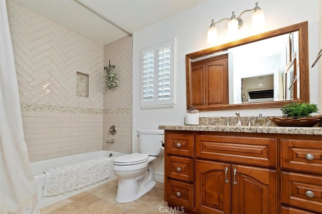 bathroom with tile patterned floors, vanity, toilet, and shower / bathtub combination with curtain