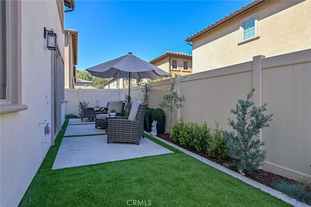 view of yard featuring a patio and a fenced backyard