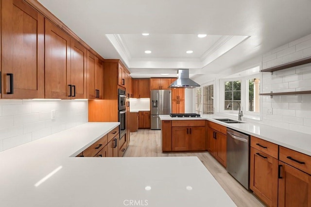 kitchen featuring a raised ceiling, wall chimney exhaust hood, a peninsula, stainless steel appliances, and a sink