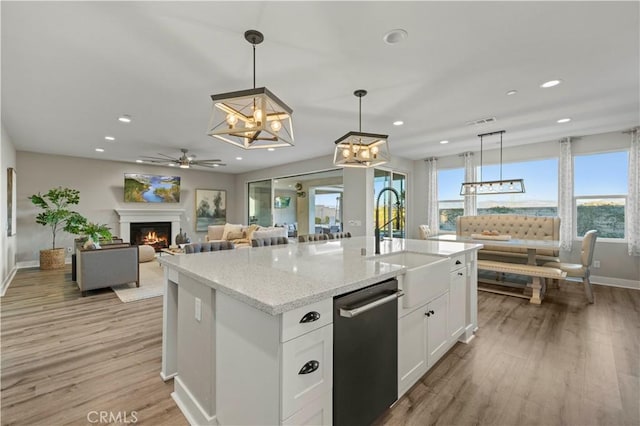 kitchen with dishwasher, a lit fireplace, a sink, and a healthy amount of sunlight