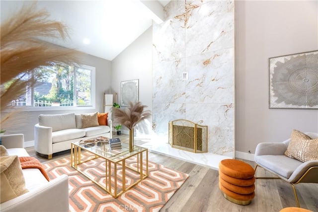 living area featuring high vaulted ceiling, wood finished floors, a high end fireplace, and baseboards