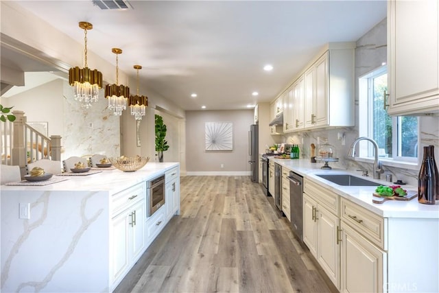 kitchen with light wood finished floors, tasteful backsplash, stainless steel appliances, under cabinet range hood, and a sink