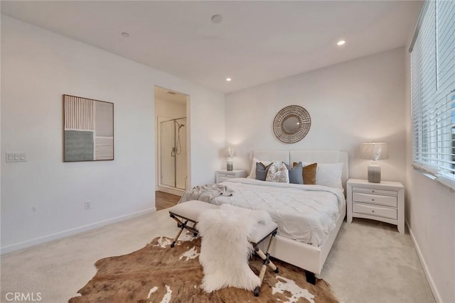 bedroom featuring recessed lighting, carpet flooring, and baseboards