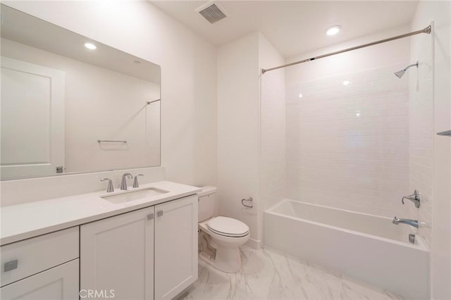 bathroom with visible vents, toilet, vanity, washtub / shower combination, and recessed lighting