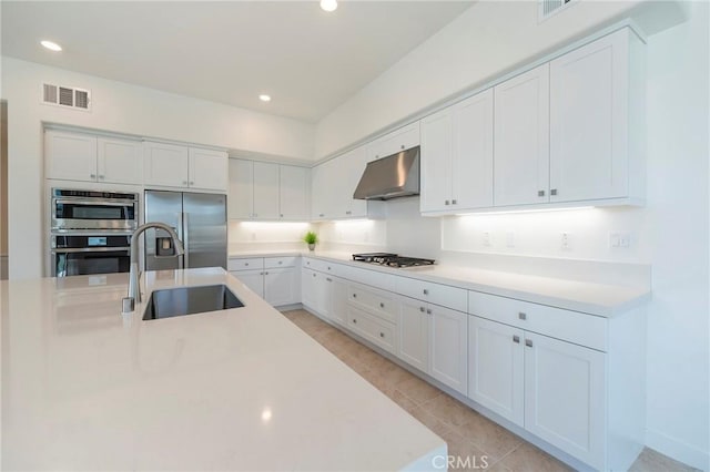 kitchen with under cabinet range hood, stainless steel appliances, a sink, white cabinetry, and visible vents