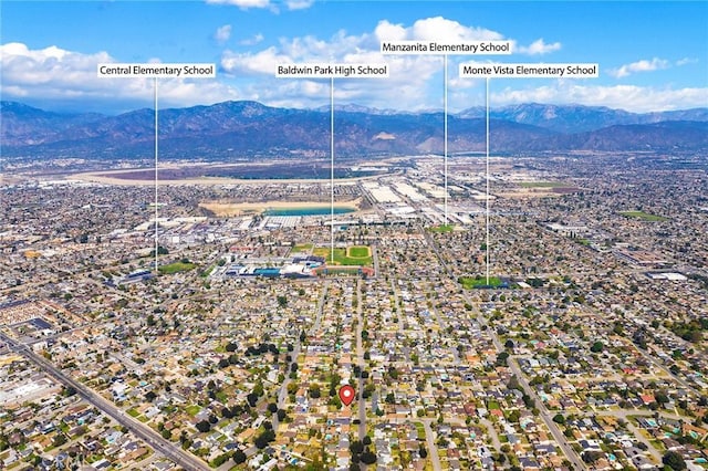 birds eye view of property featuring a mountain view