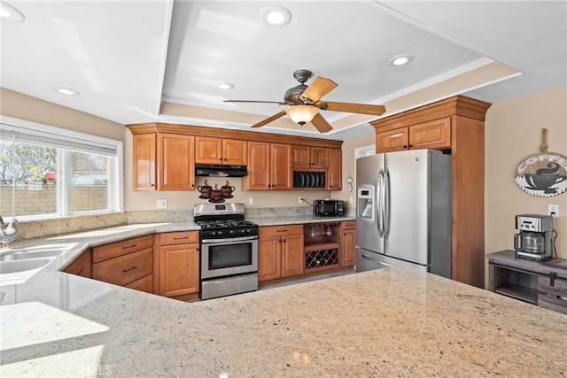 kitchen with under cabinet range hood, appliances with stainless steel finishes, a tray ceiling, and a sink