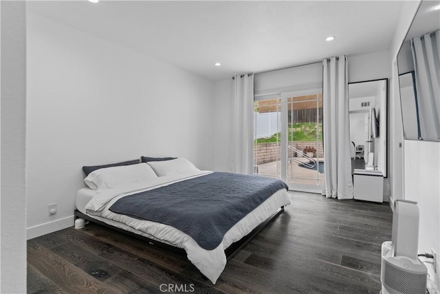 bedroom featuring access to outside, baseboards, wood finished floors, and recessed lighting