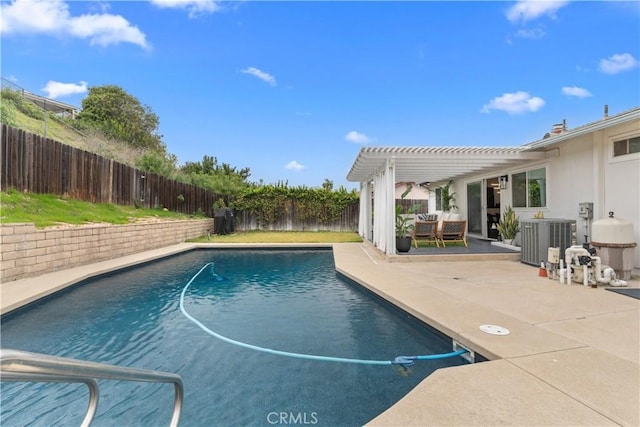 view of swimming pool featuring a fenced in pool, a patio, central AC, a pergola, and a fenced backyard