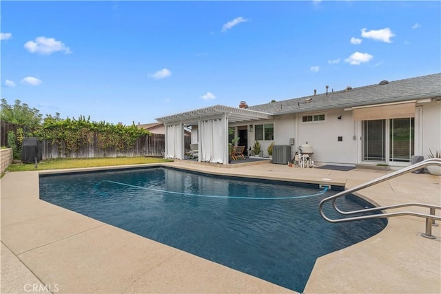 view of pool with a fenced in pool, central air condition unit, a patio area, a pergola, and a fenced backyard