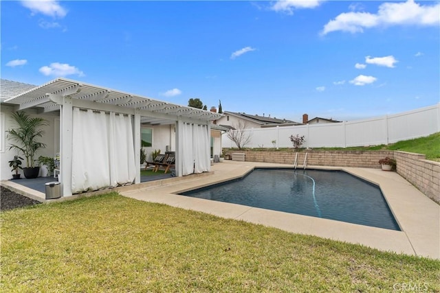 view of pool with a fenced in pool, fence, a pergola, and a yard