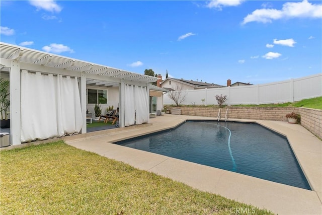 view of pool featuring a fenced in pool, a fenced backyard, a yard, a patio area, and a pergola