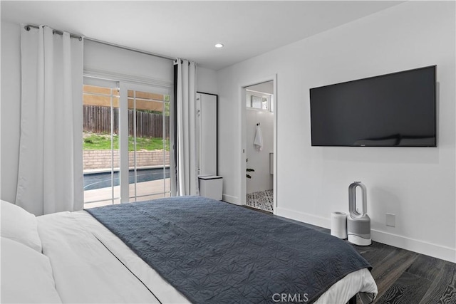 bedroom featuring connected bathroom, recessed lighting, dark wood-type flooring, baseboards, and access to exterior