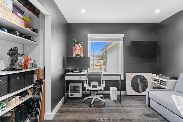 office space with baseboards, dark wood-style flooring, and recessed lighting