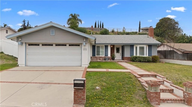 ranch-style home featuring a garage, a shingled roof, fence, concrete driveway, and a front lawn