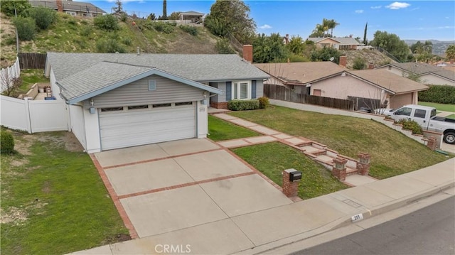 single story home featuring a shingled roof, fence, driveway, a residential view, and a front yard