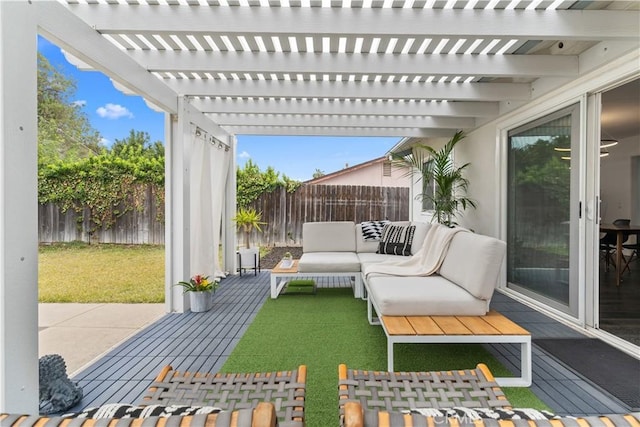 view of patio with an outdoor hangout area, fence, a wooden deck, and a pergola